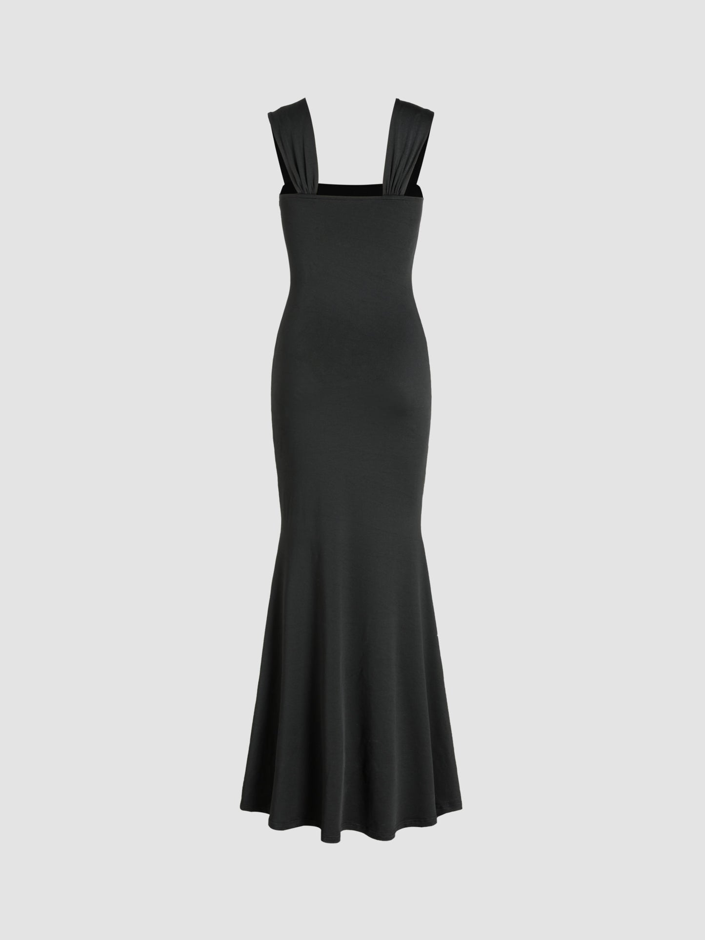 Solid Ruched U-Neckline Ruffle Maxi Dress