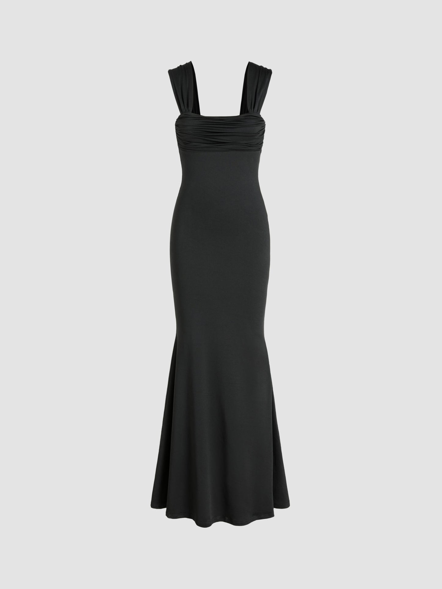 Solid Ruched U-Neckline Ruffle Maxi Dress
