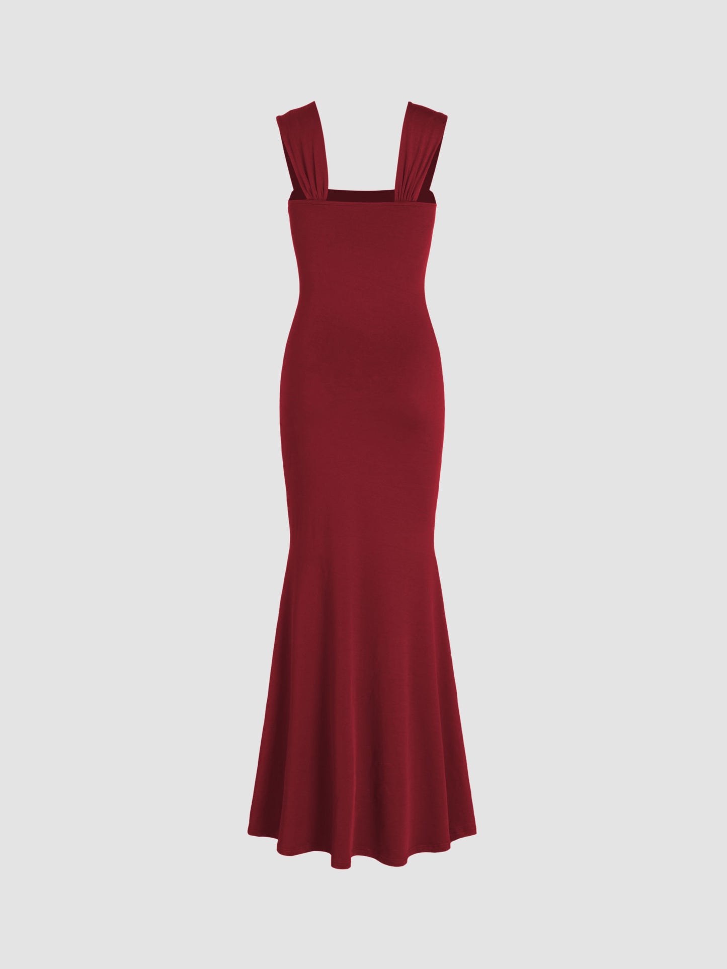 Solid Ruched U-Neckline Ruffle Maxi Dress
