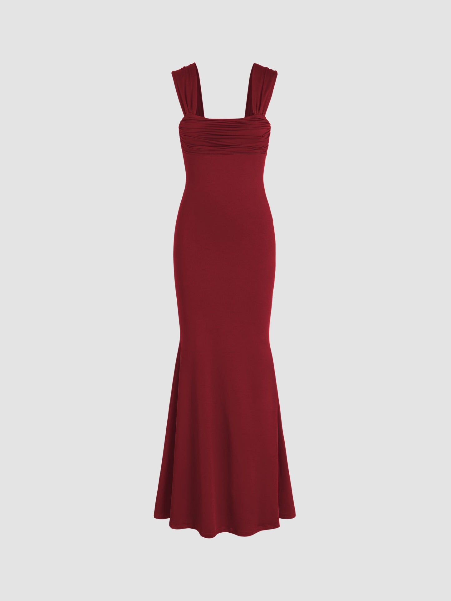 Solid Ruched U-Neckline Ruffle Maxi Dress