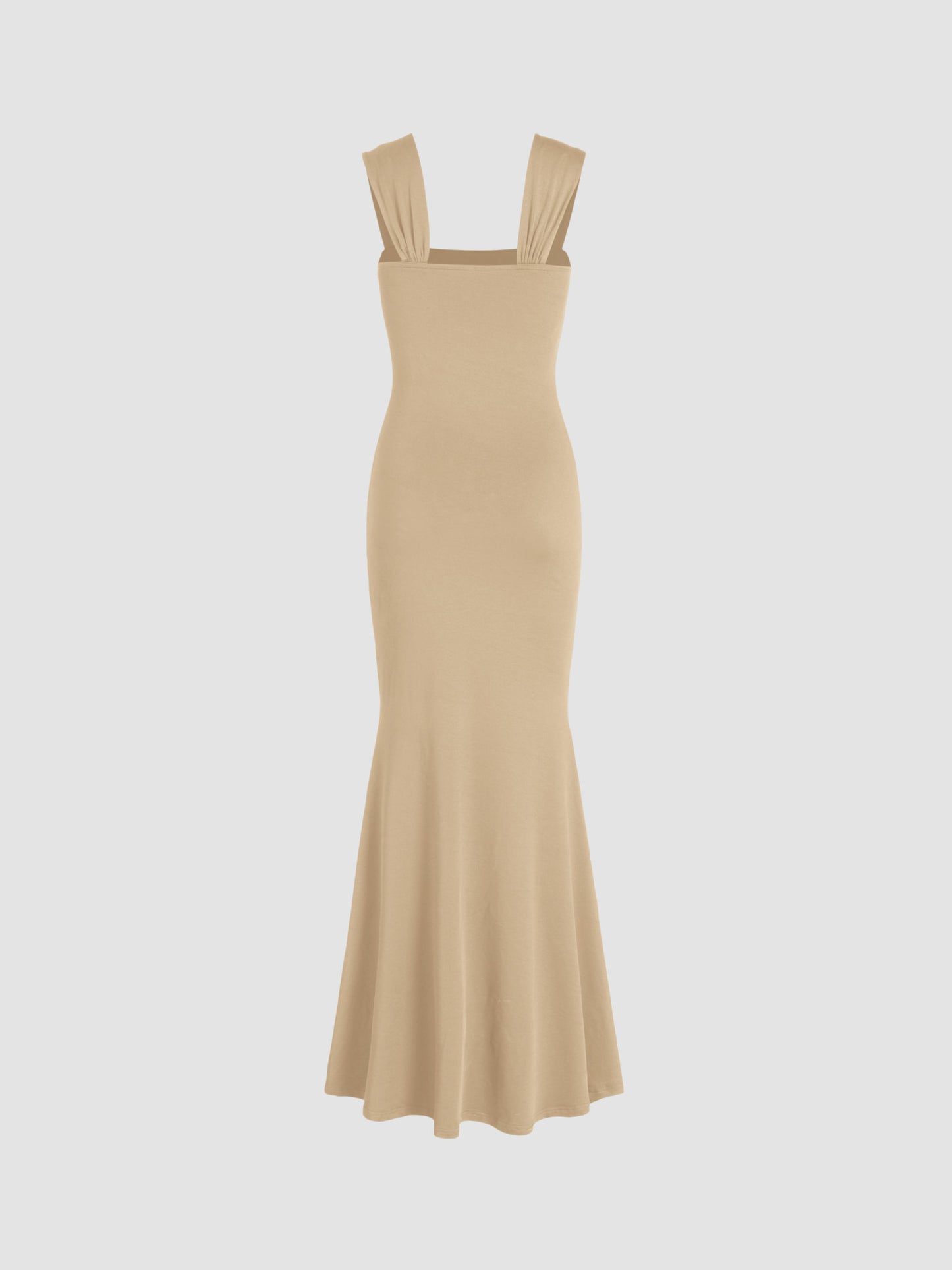 Solid Ruched U-Neckline Ruffle Maxi Dress