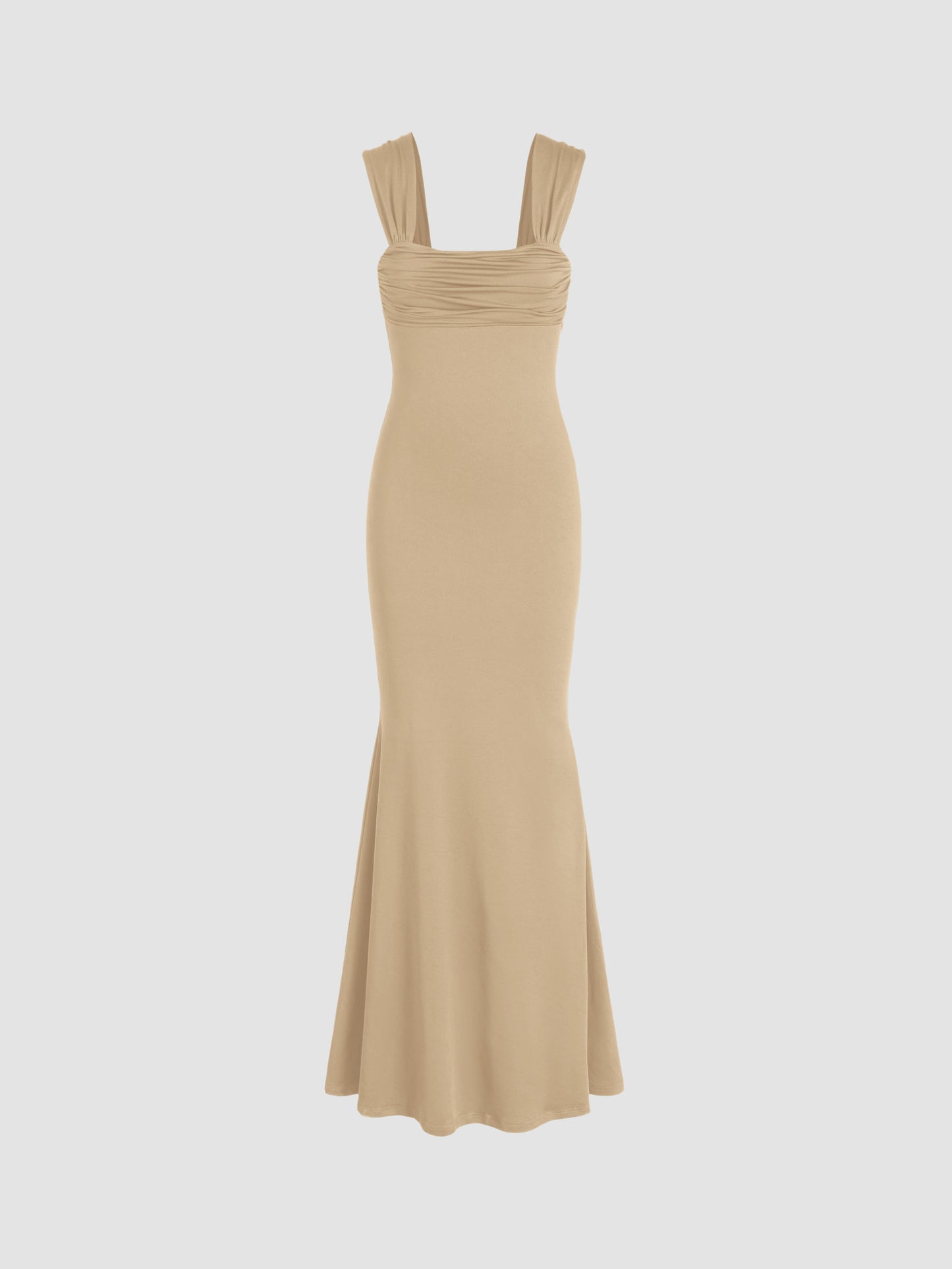 Solid Ruched U-Neckline Ruffle Maxi Dress