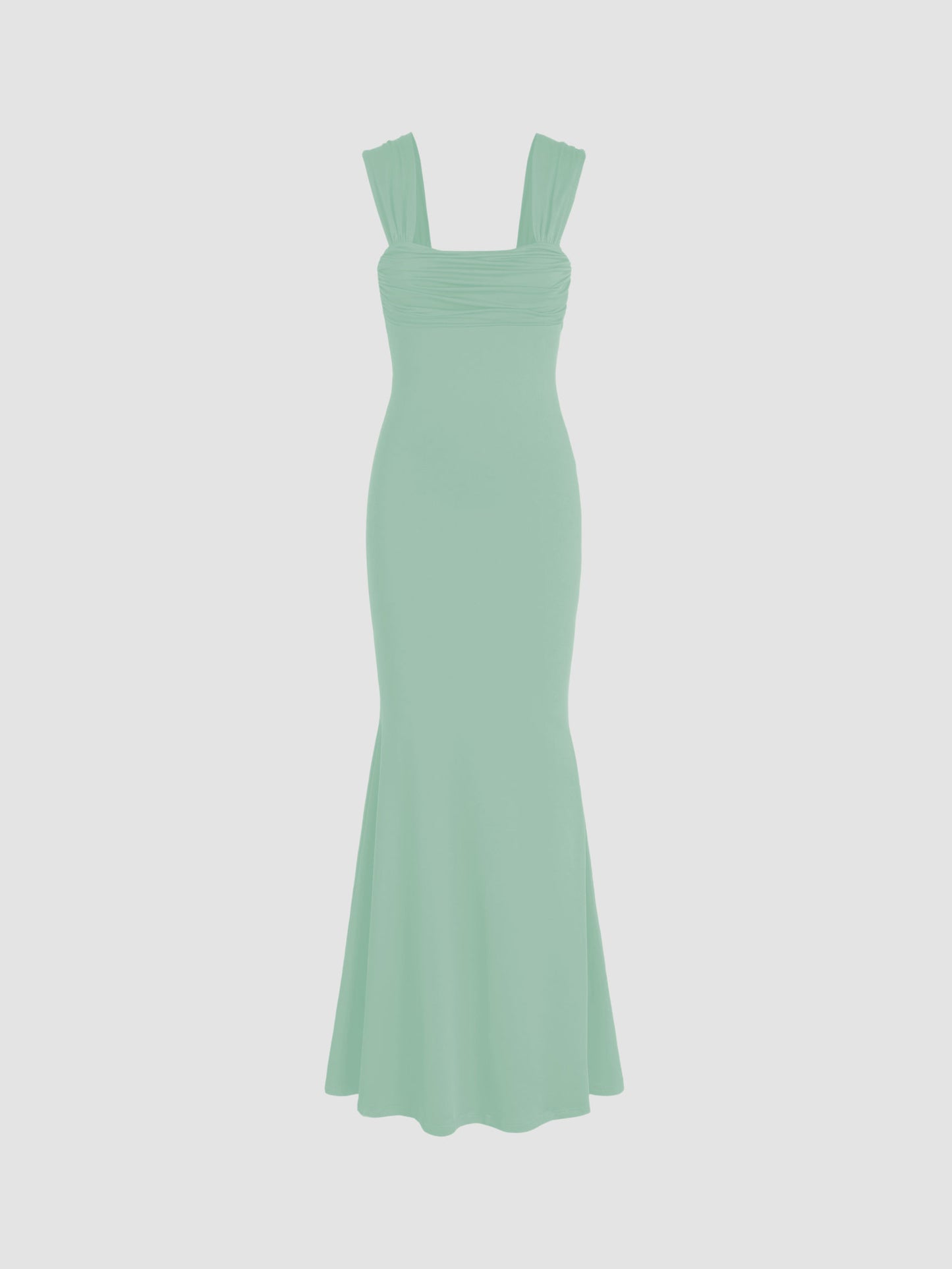 Solid Ruched U-Neckline Ruffle Maxi Dress
