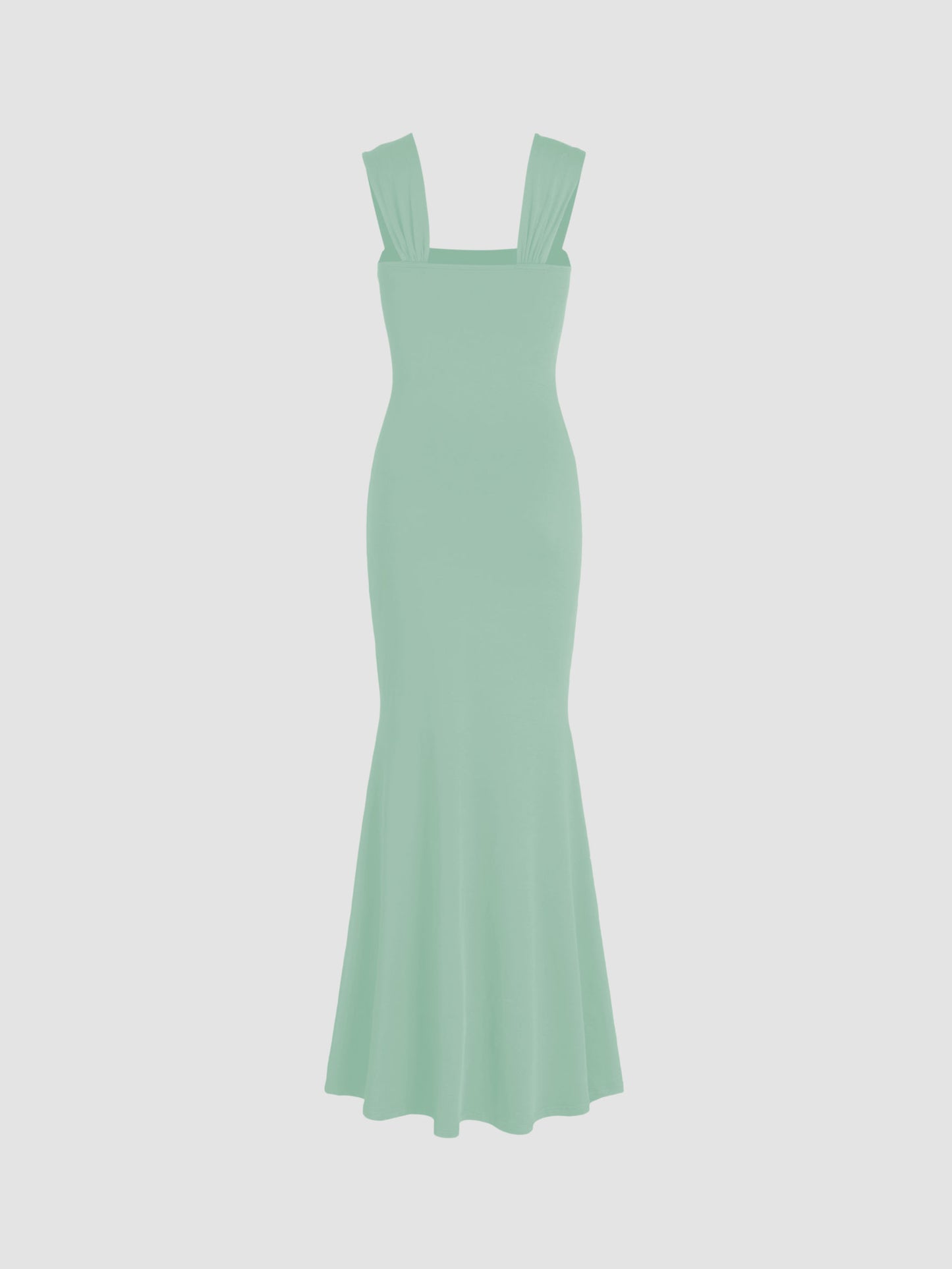 Solid Ruched U-Neckline Ruffle Maxi Dress