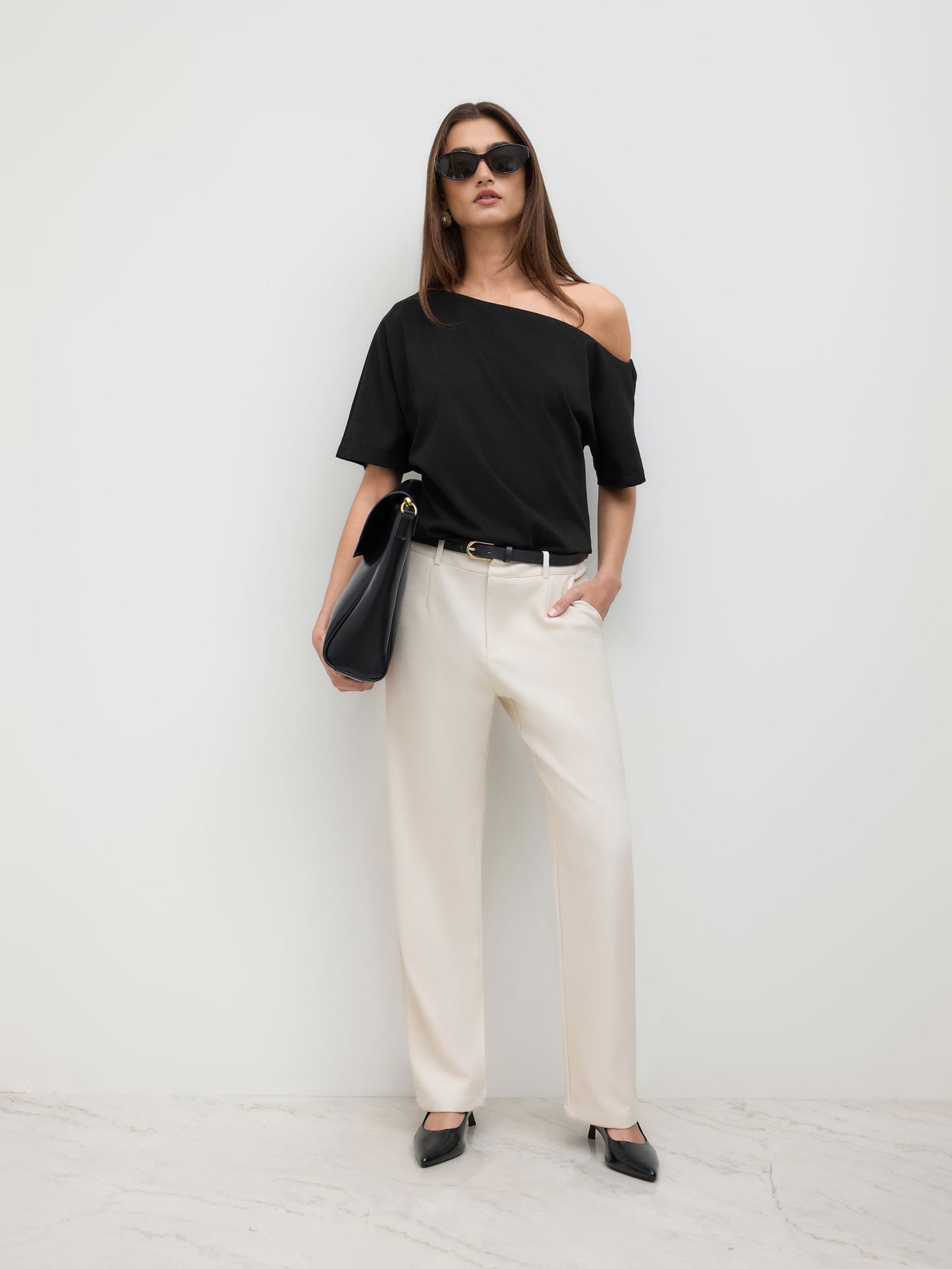Cotton-Blend Asymmetrical Neck Ruched Tee