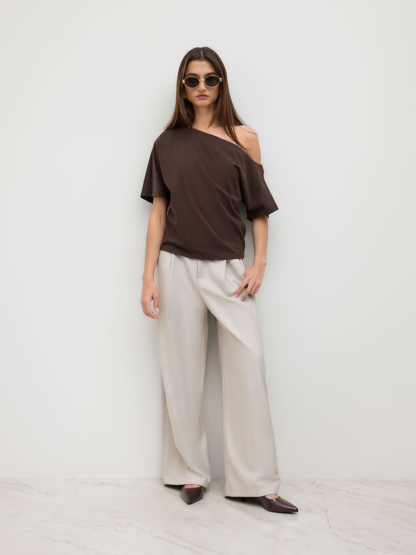 Cotton-Blend Asymmetrical Neck Ruched Tee