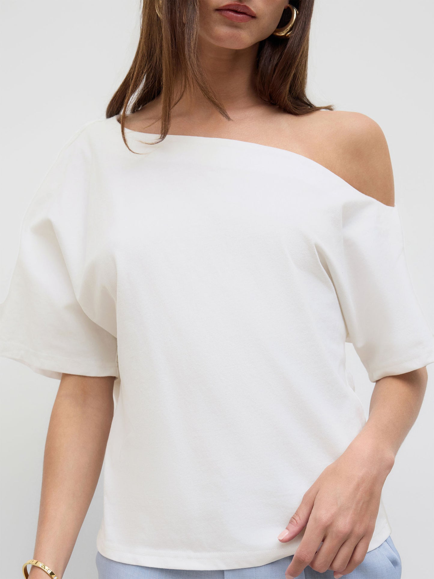 Cotton-Blend Asymmetrical Neck Ruched Tee