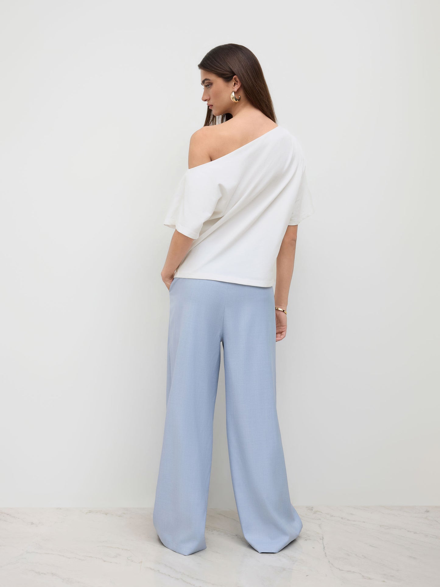 Cotton-Blend Asymmetrical Neck Ruched Tee