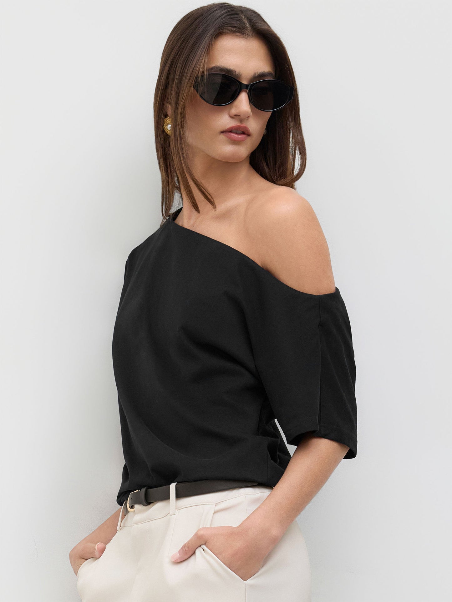 Cotton-Blend Asymmetrical Neck Ruched Tee