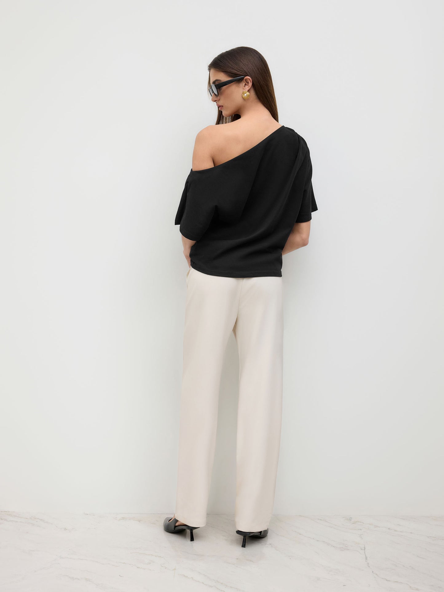 Cotton-Blend Asymmetrical Neck Ruched Tee