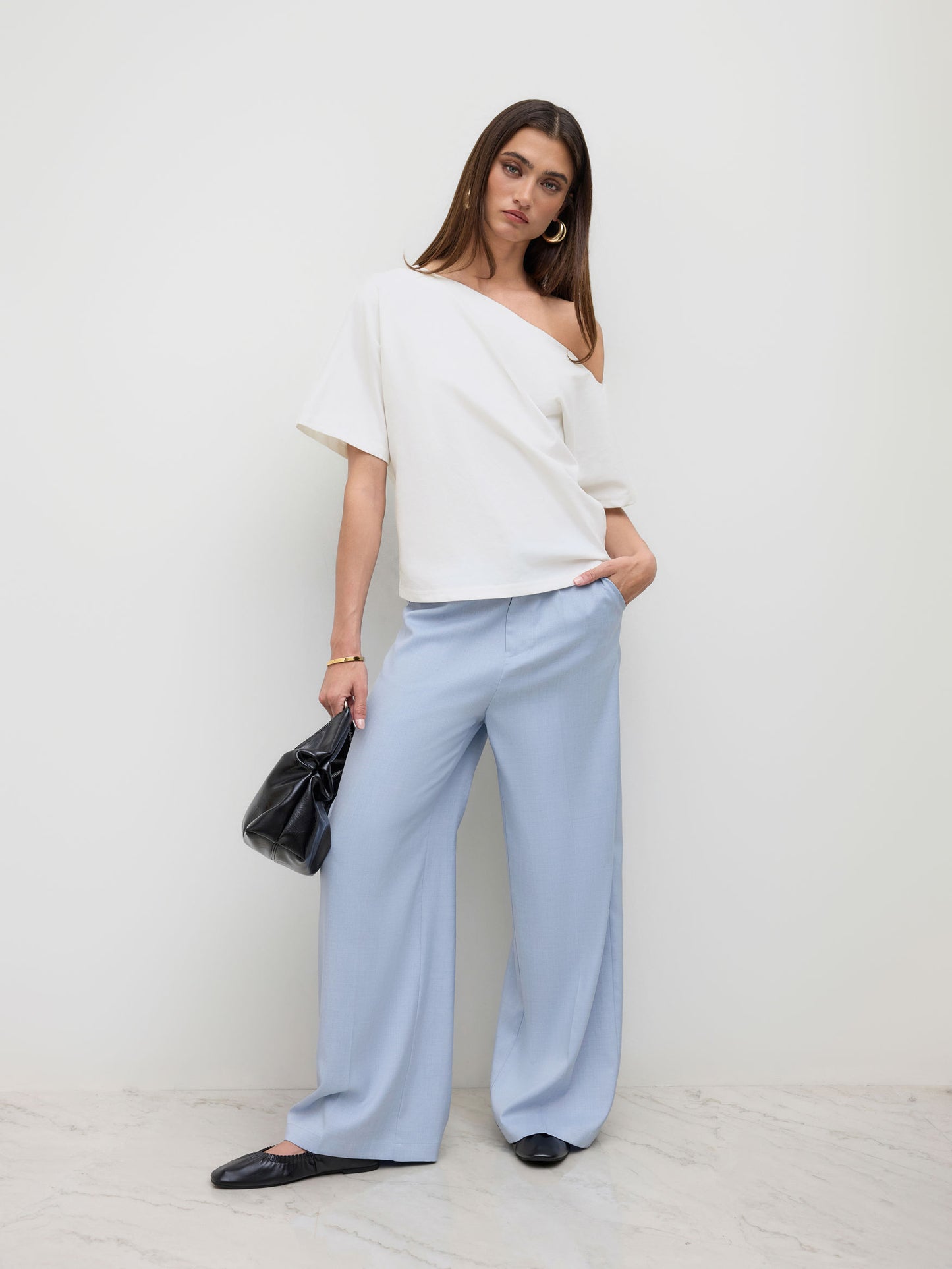 Cotton-Blend Asymmetrical Neck Ruched Tee