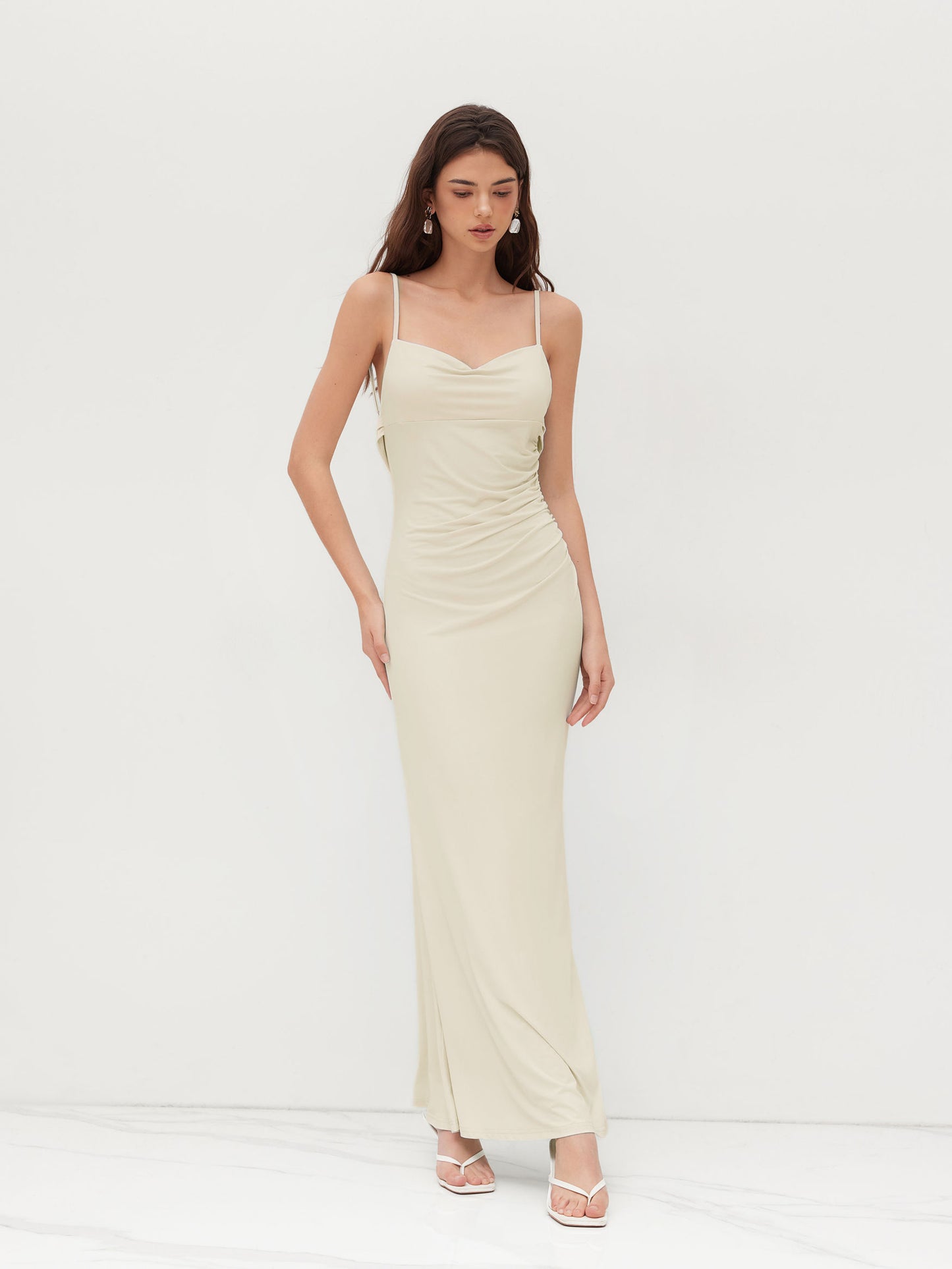 Cowl Neck Ruched Backless Maxi Dress