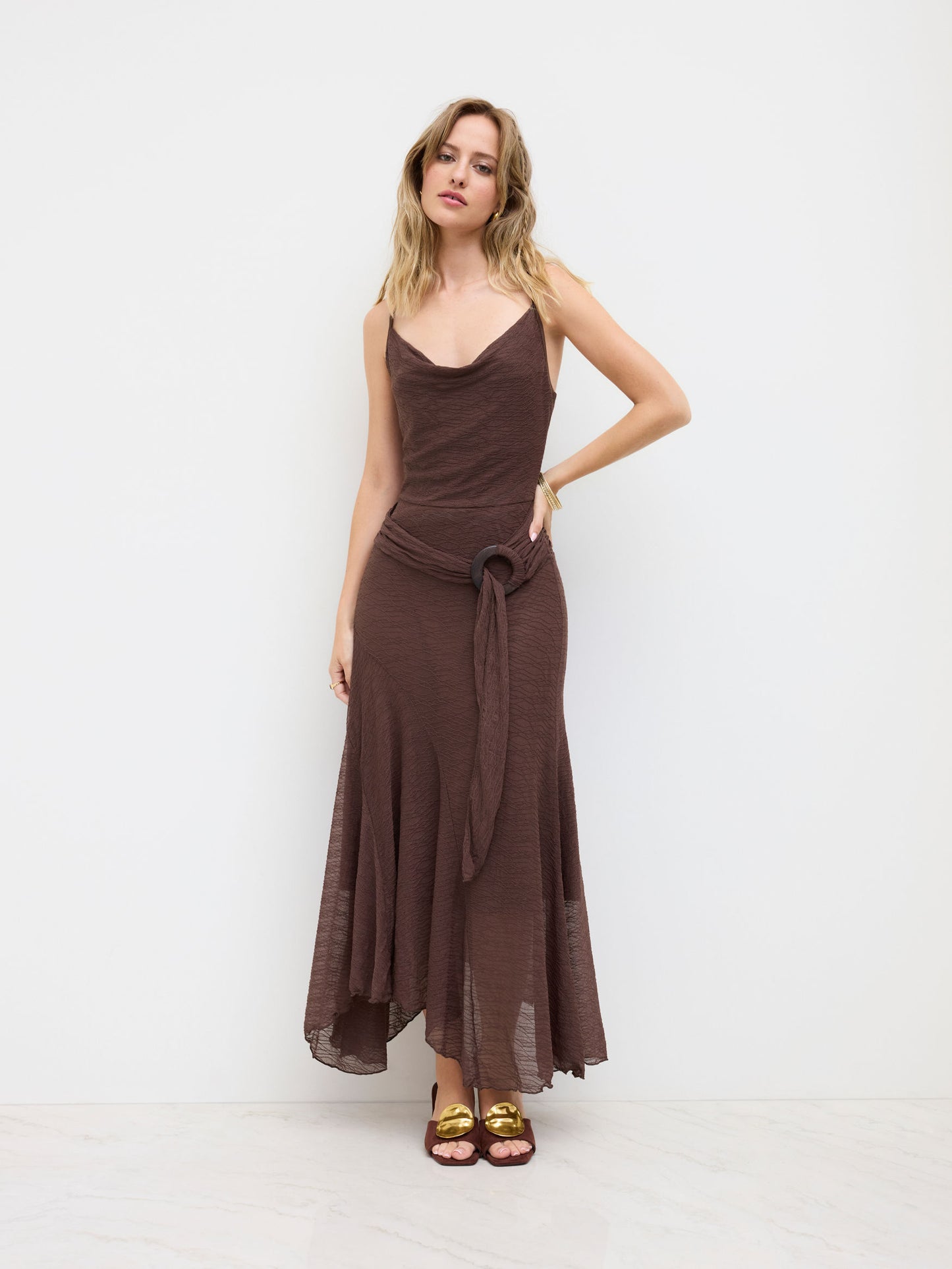 Lace Cowl Neck O-Ring Maxi Dress