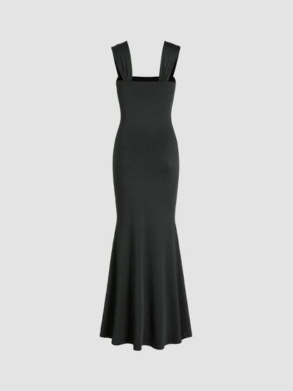 Solid Ruched U-Neckline Ruffle Maxi Dress