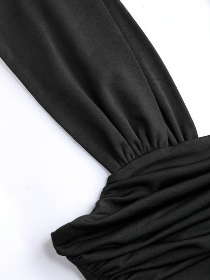 Solid Ruched U-Neckline Ruffle Maxi Dress