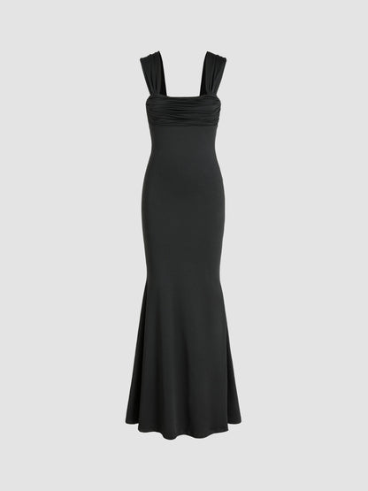 Solid Ruched U-Neckline Ruffle Maxi Dress