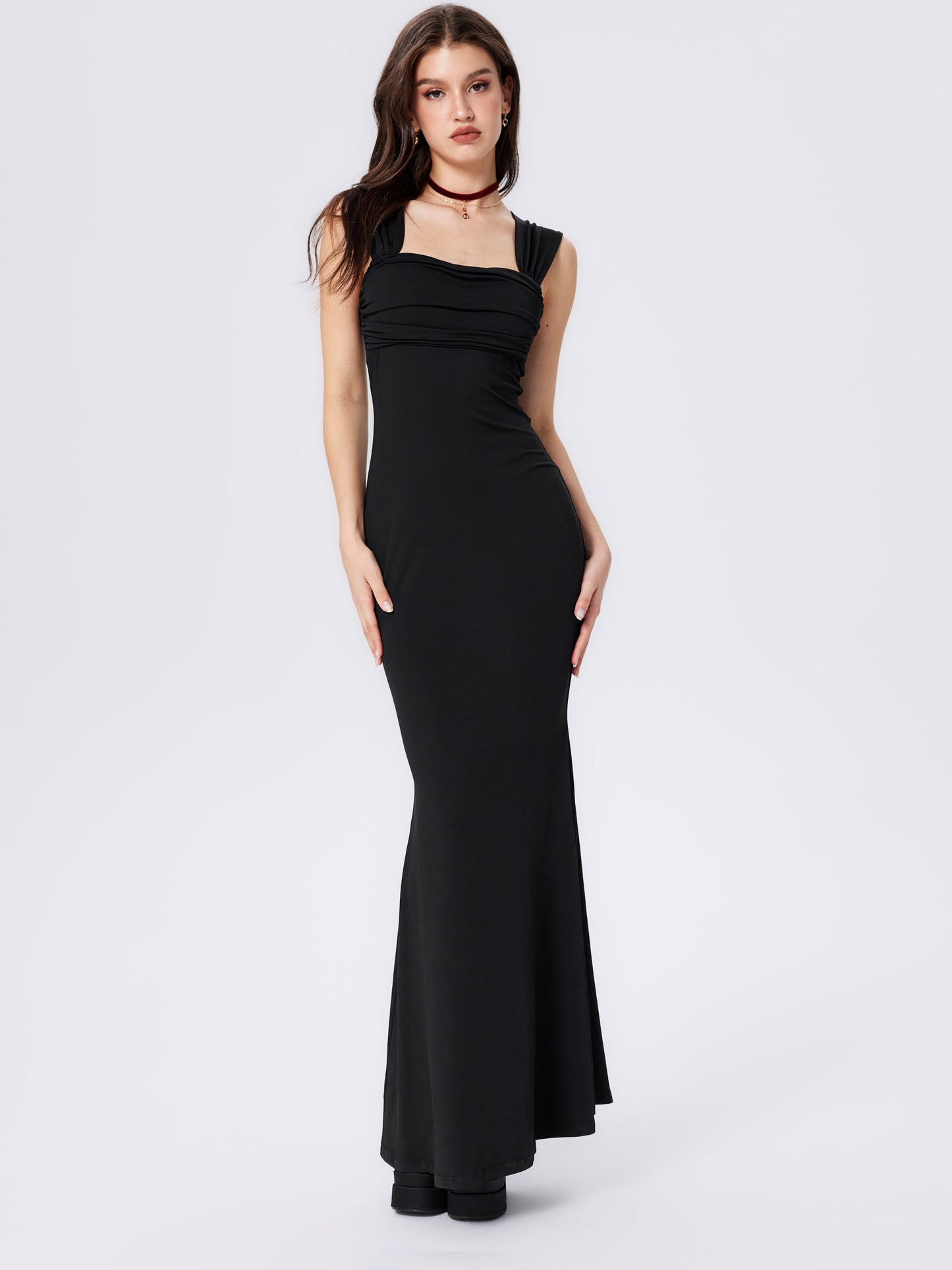 Solid Ruched U-Neckline Ruffle Maxi Dress