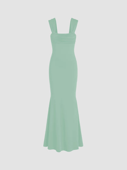 Solid Ruched U-Neckline Ruffle Maxi Dress