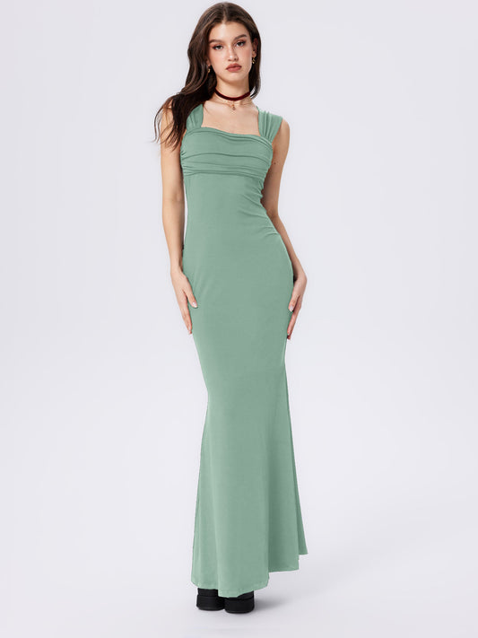 Solid Ruched U-Neckline Ruffle Maxi Dress