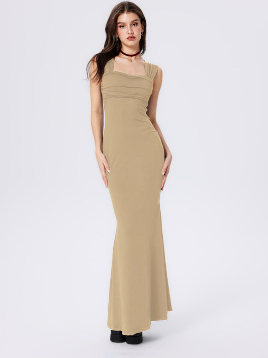 Solid Ruched U-Neckline Ruffle Maxi Dress