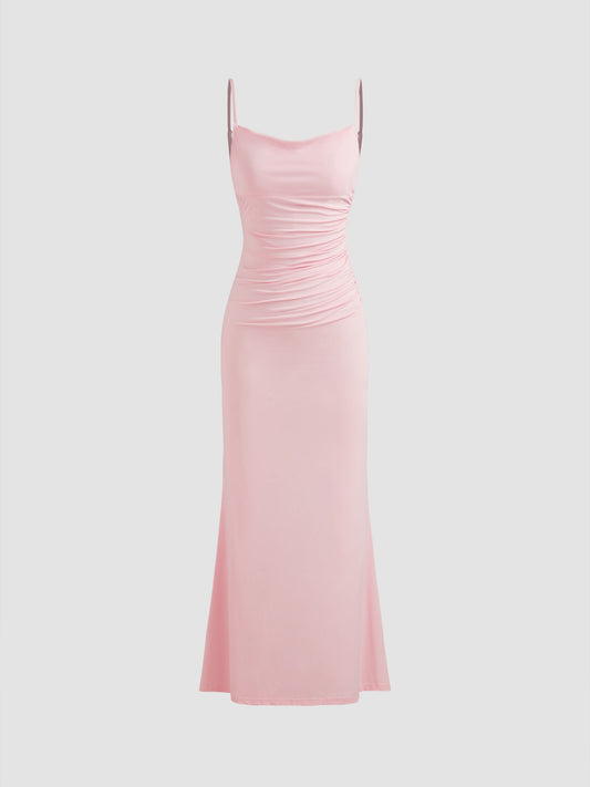 Cowl Neck Ruched Backless Maxi Dress