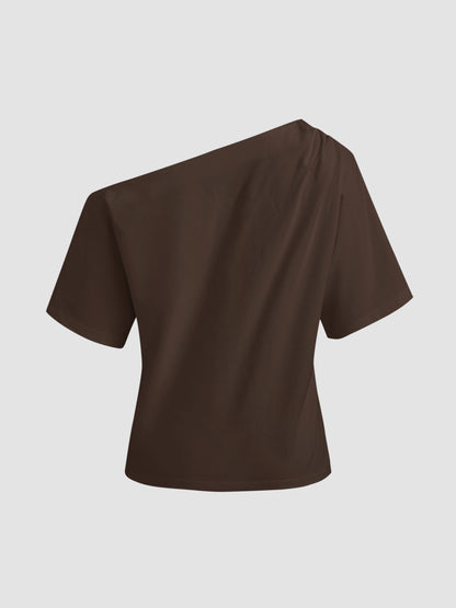Cotton-Blend Asymmetrical Neck Ruched Tee