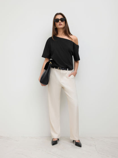 Cotton-Blend Asymmetrical Neck Ruched Tee
