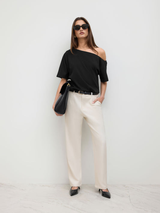 Cotton-Blend Asymmetrical Neck Ruched Tee