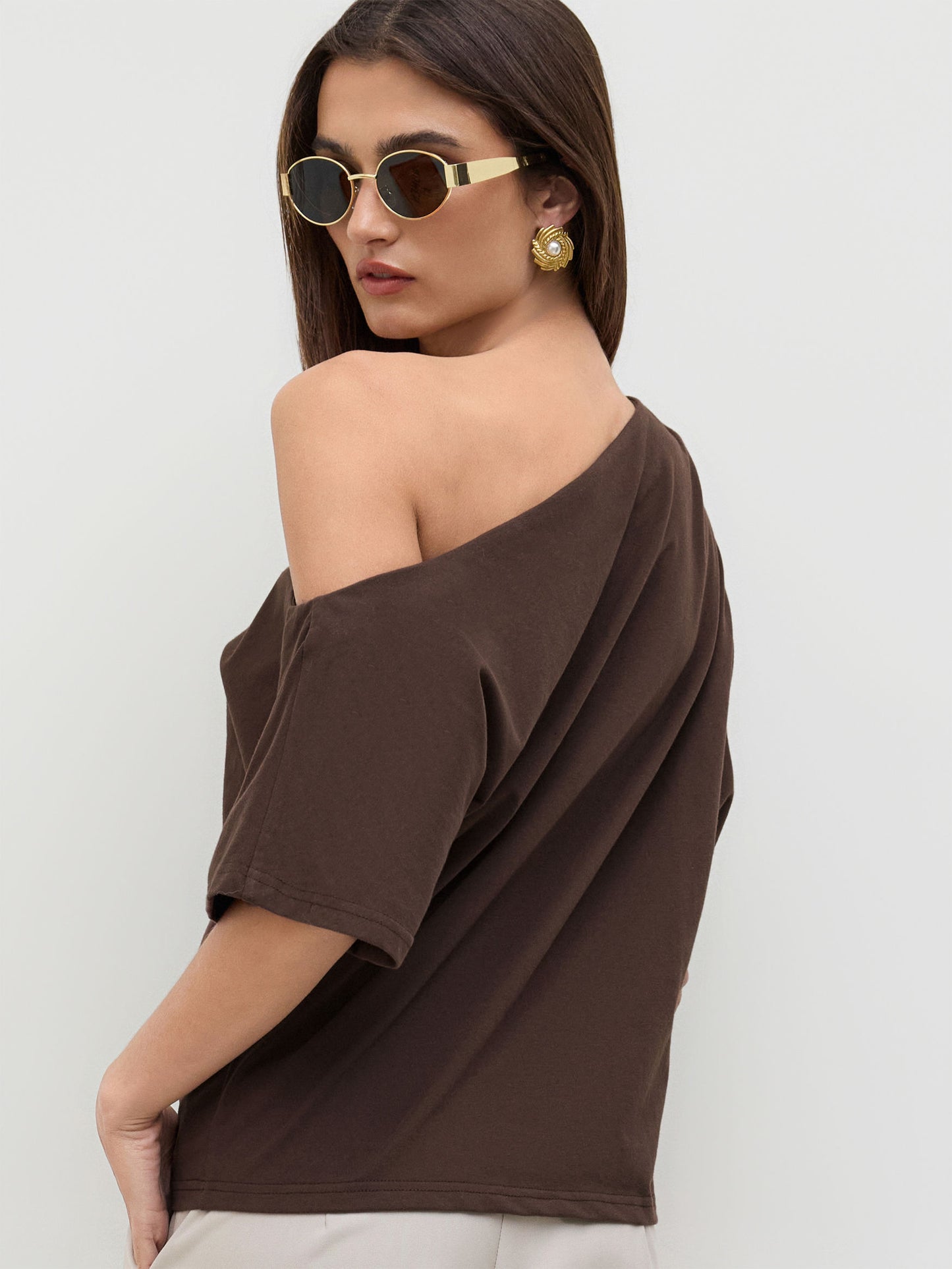 Cotton-Blend Asymmetrical Neck Ruched Tee
