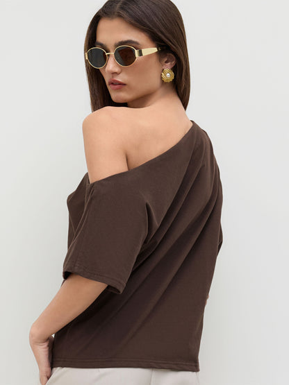 Cotton-Blend Asymmetrical Neck Ruched Tee