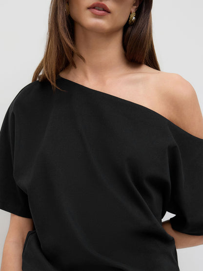 Cotton-Blend Asymmetrical Neck Ruched Tee