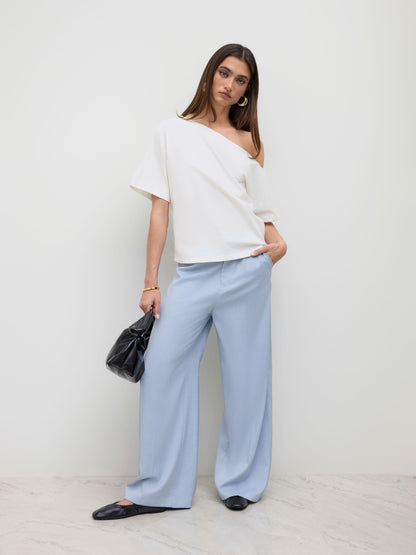 Cotton-Blend Asymmetrical Neck Ruched Tee