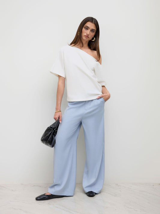 Cotton-Blend Asymmetrical Neck Ruched Tee