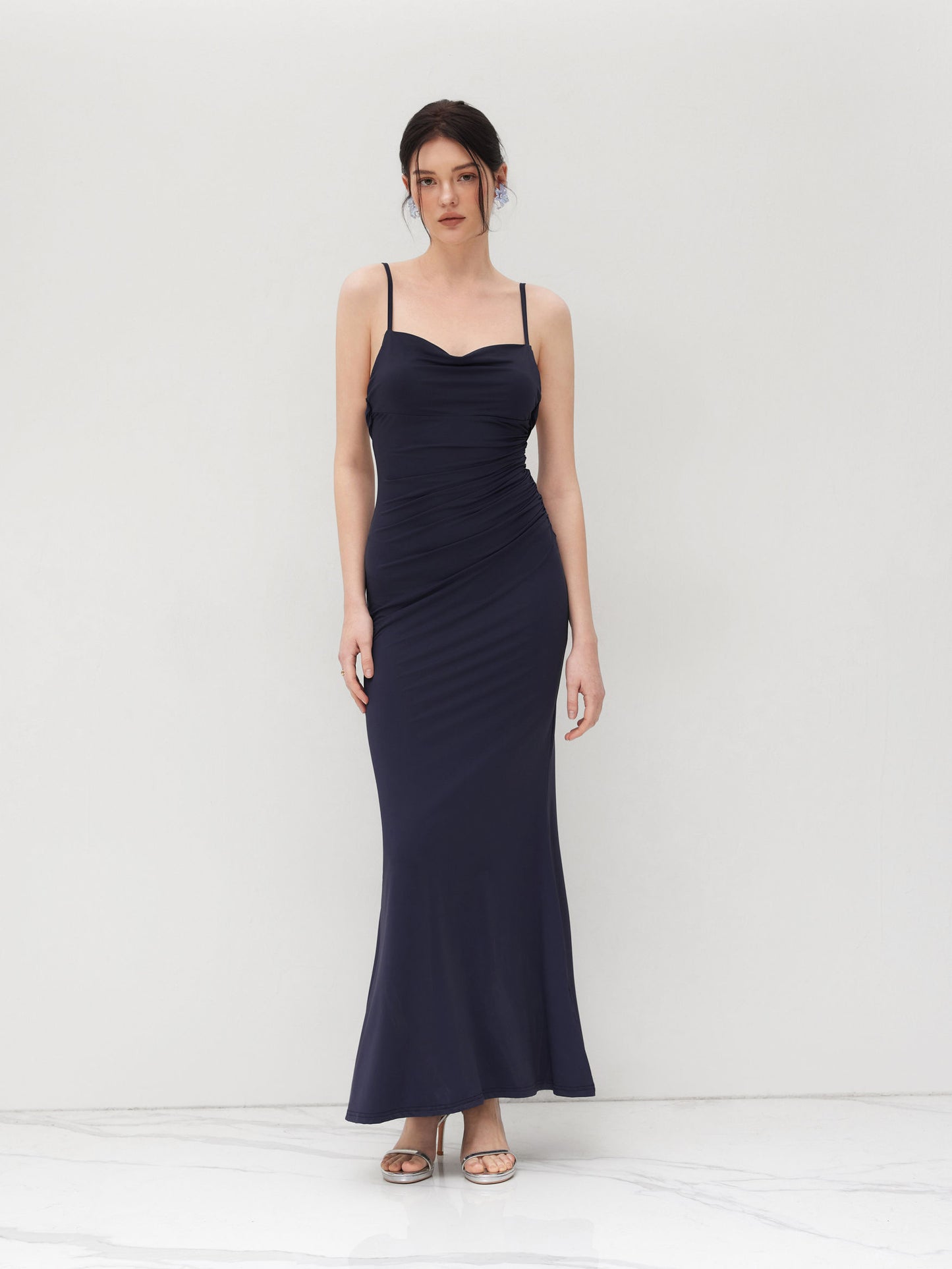 Cowl Neck Ruched Backless Maxi Dress