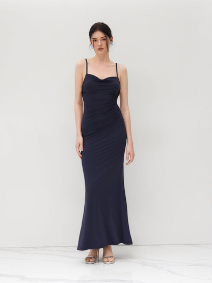 Cowl Neck Ruched Backless Maxi Dress