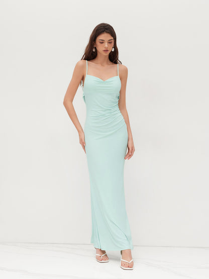 Cowl Neck Ruched Backless Maxi Dress