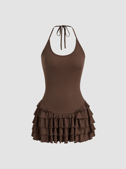 Halter Neckline Layered Ruffle Hem Mini Dress