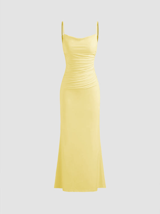 Cowl Neck Ruched Backless Maxi Dress
