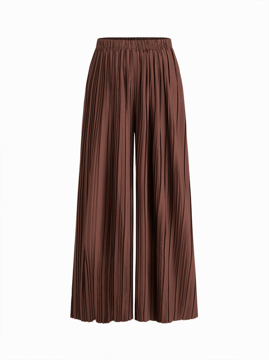 Mid Rise Elastic Waist Wide Leg Trousers