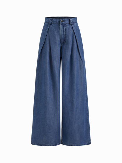 Cider Denim Mid Rise Pleated Wide Leg Jeans