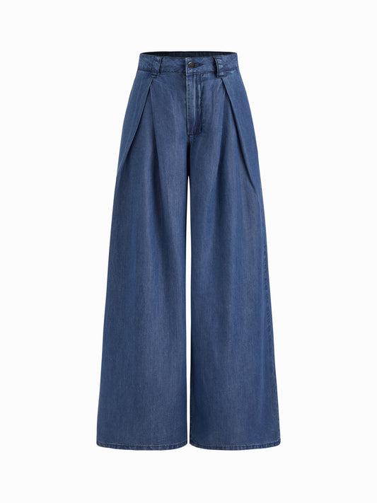 Cider Denim Mid Rise Pleated Wide Leg Jeans