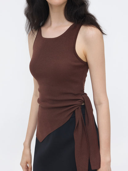 Knit Scoop Neckline Tie Side Asymmetrical Hem Tank Top